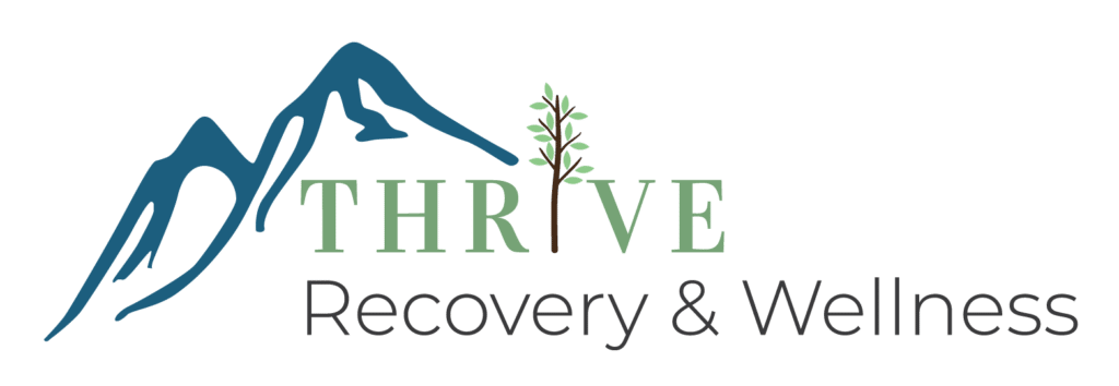Thrive Recovery and Wellness Logo with a blue mountain illustration and tree as the I